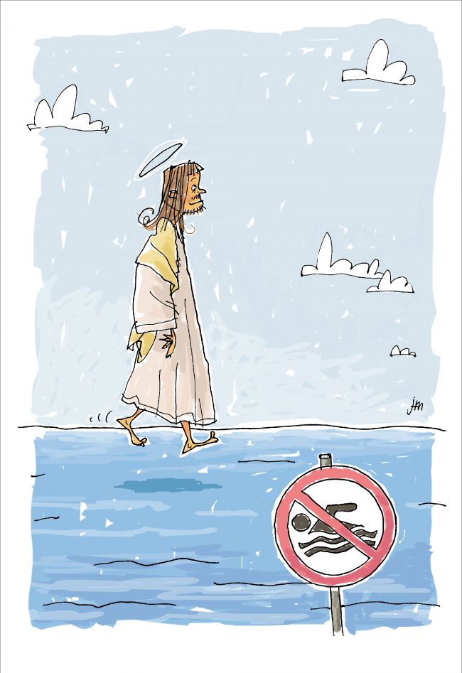 claas_janssen_tommy_mayer_cartoon_jesus_nichtschwimmer_schwimmen_verboten_uebers_wasser.jpg