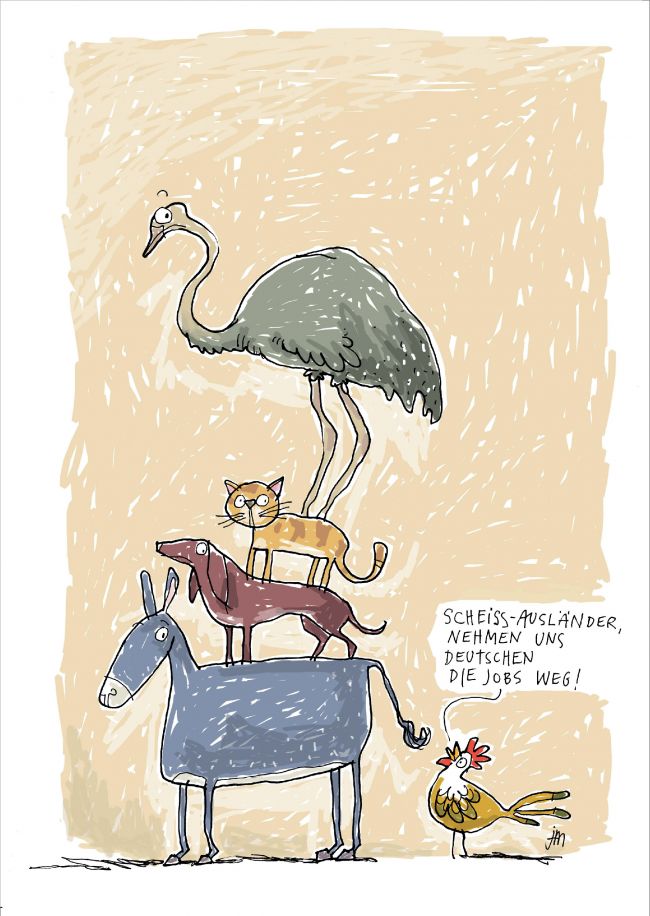 claas_janssen_tommy_mayer_cartoon_maerchen_bremen_stadtmusikanten_hahn_esel_auslaender_strauss_arbeitsplatz.jpg